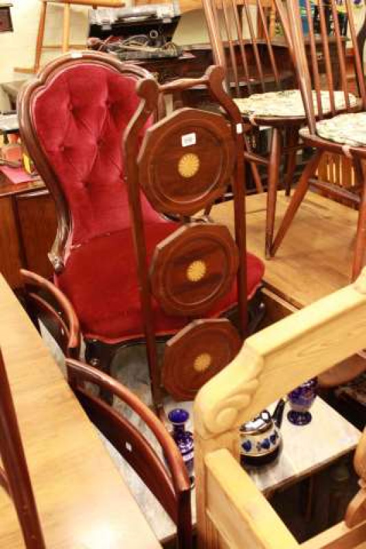 Victorian mahogany framed nursing chair, inlaid mahogany three tier folding cakestand, continental marble topped coffee table, pair of blue glass vases and pottery teapot (6)