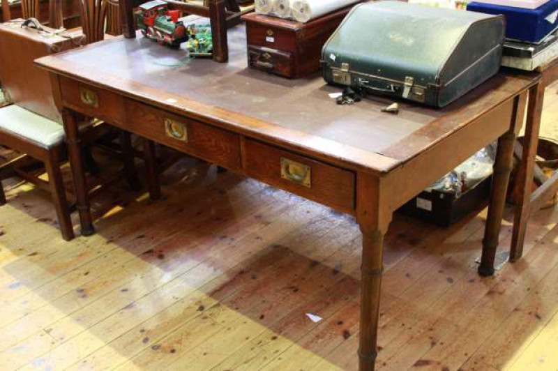 Early 20th Century oak three drawer office table and vintage cash drawer and rolls