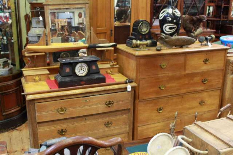 Late 19th Century Ash dressing table and five drawer chest together with an oak barley twist occasional table (3)