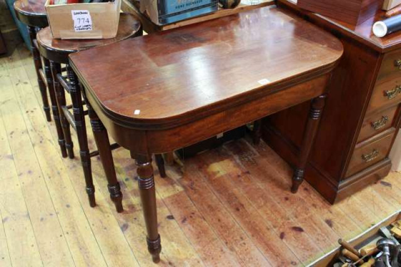 Victorian mahogany fold top tea table on ring turned legs