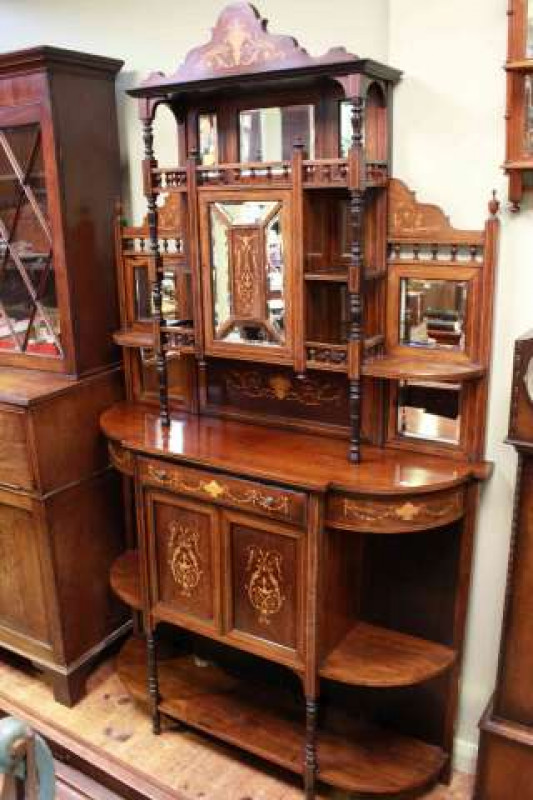 Victorian rosewood and satinwood inlaid mirror back parlour cabinet