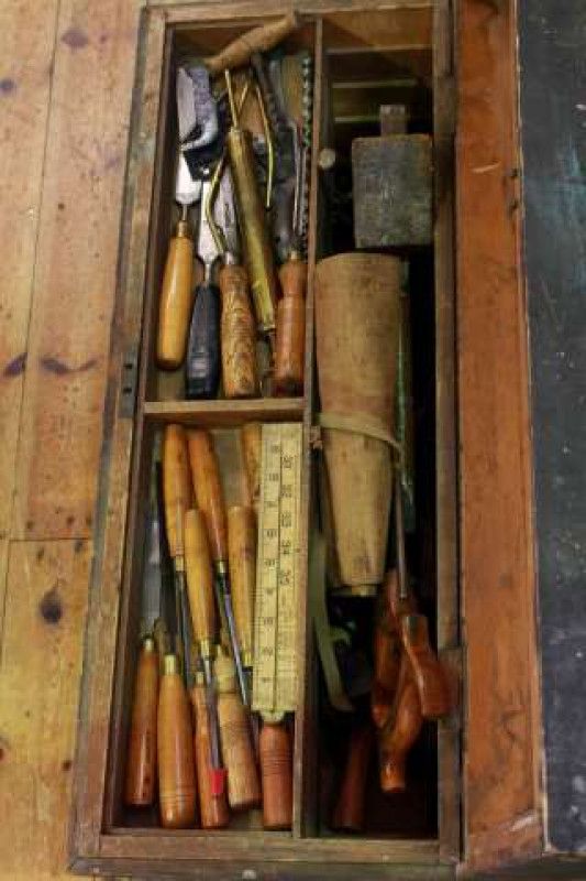 Pine joiners tool box and tools including chisels, planes etc