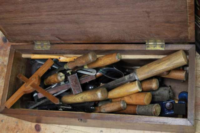 Mahogany tool box and tools including chisels, spoke shaves etc