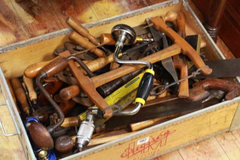 Box of joiners tools including braces, planes, chisels etc