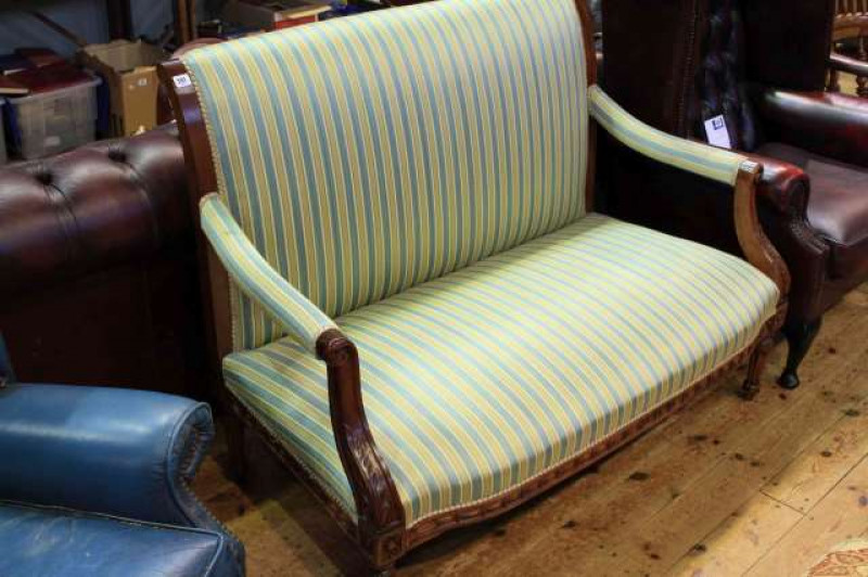 Mahogany framed open arm parlour settee in stripe fabric