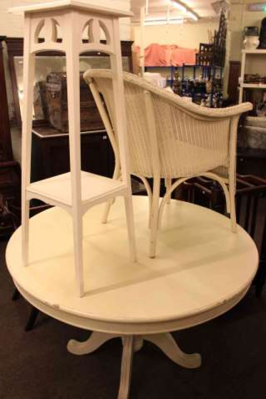 Circular painted pedestal dining table, Lloyd Loom chair and painted plant stand (3)