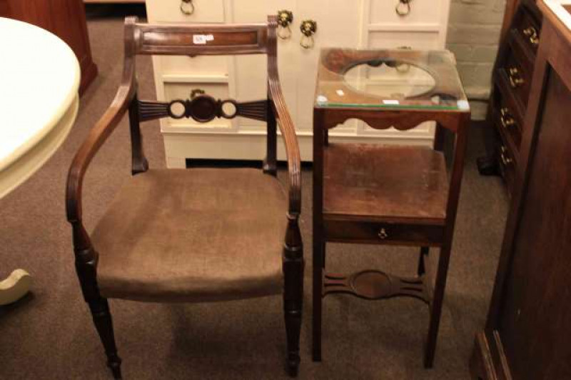 19th Century mahogany bar back elbow chair and Georgian mahogany washstand