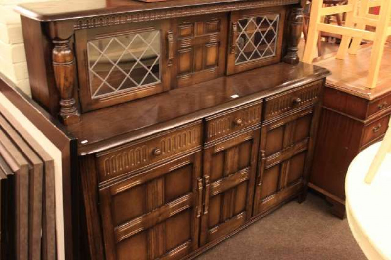 Priory style oak leaded glazed top door court cupboard