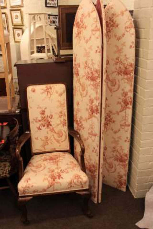 Cabriole leg open armchair and three fold vanity screen in matching fabric