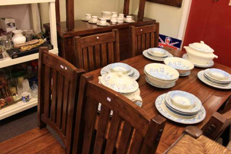 Indonesian hardwood sideboard, dining table and six chairs