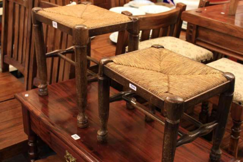 Two rush seated oak stools