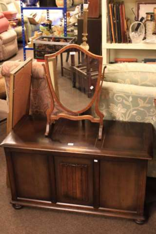 Oak blanket box, shield shaped toilet mirror, onyx and gilt standard lamp and two gilt framed wall mirrors (5)