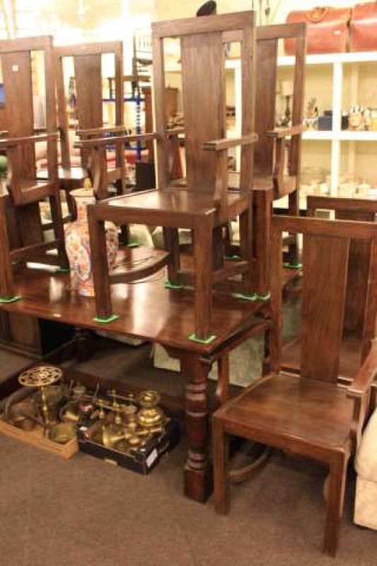 Rectangular hardwood dining table and six elbow chairs