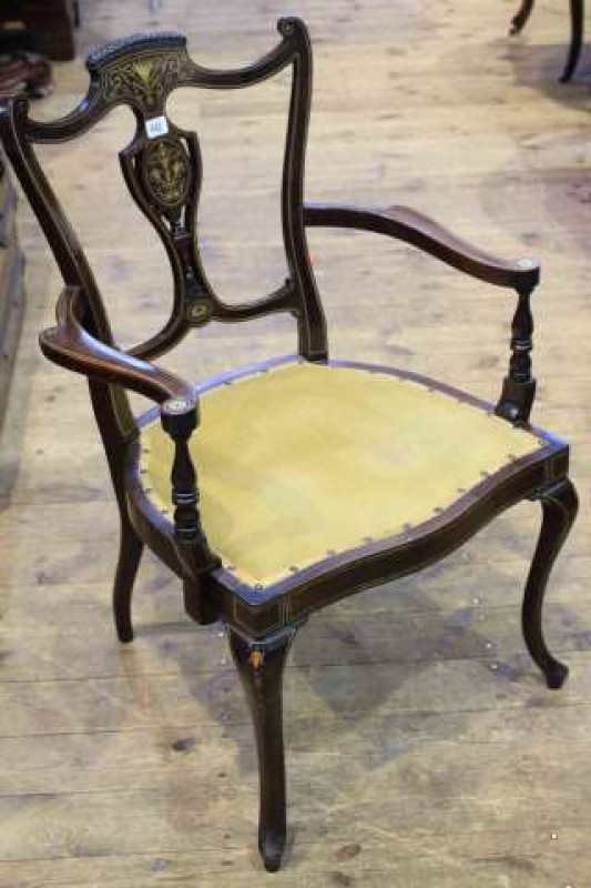 Late Victorian mahogany and ivory inlaid open armchair on cabriole legs