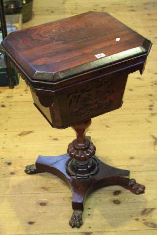 19th Century rosewood sewing box raised on pedestal to inverted quadriform base