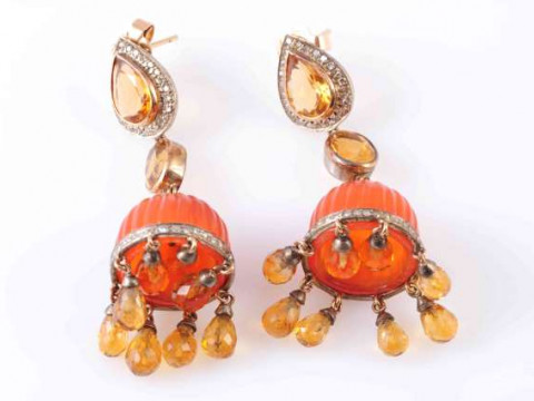 A PAIR OF CARNELIAN, DIAMOND AND CITRINE EARRINGS, of pendant design,...