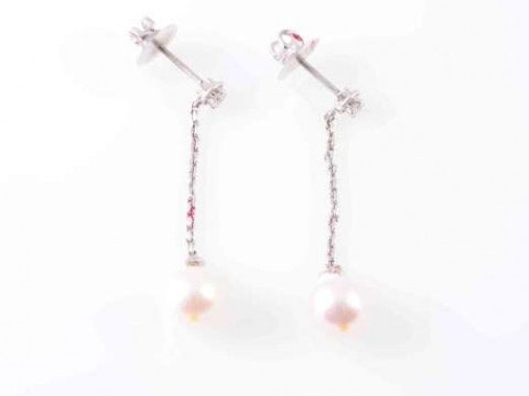 A PAIR OF CULTURED PEARL AND DIAMOND EARRINGS, of pendant design, each...