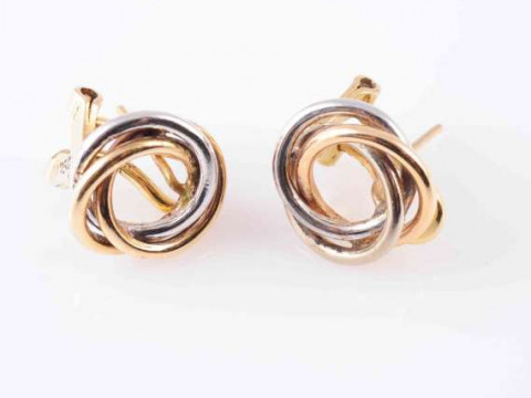 A PAIR OF THREE COLOUR EARRINGS, the entwined circular hoops on post and...