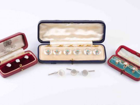 A SET OF THREE MOTHER OF PEARL SHIRT STUDS, the square cut mother of pearl...