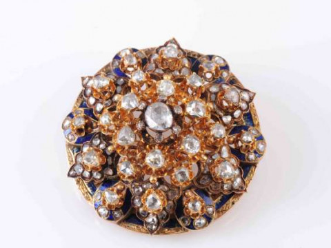 A VICTORIAN DIAMOND, ENAMEL AND GOLD BROOCH, CIRCA 1860, the circular...