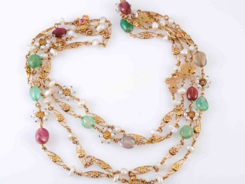 AN EMERALD, GARNET, TOPAZ AND BAROQUE PEARL NECKLACE, CIRCA 1880, the...
