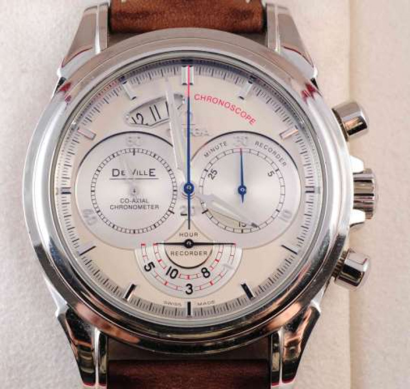 OMEGA DE VILLE, A GENTLEMAN'S CHRONOSCOPE STAINLESS STEEL WRISTWATCH, watch no. 78322586, ref. 48503037, brown leather straps, boxed with warranty, chronometer certificate and operating instructions. 41mm