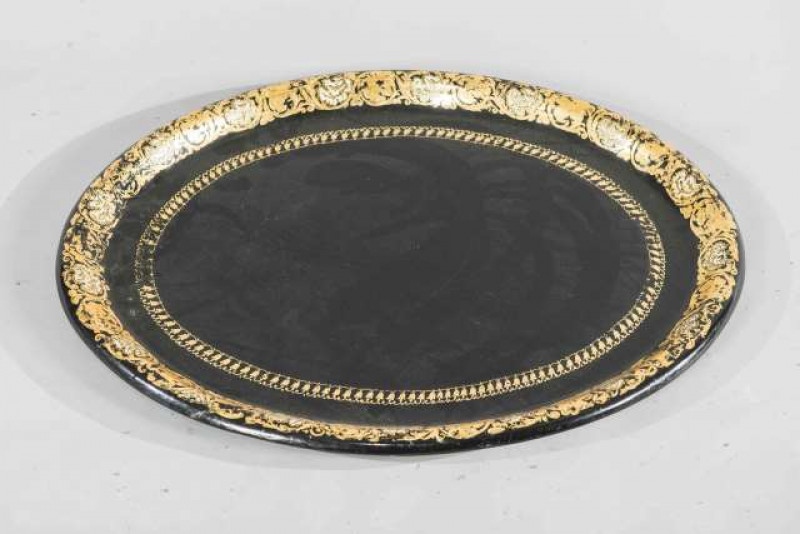 A 19TH CENTURY GILDED PAPIER-MACHE TRAY, oval. 62.5cm by 49.5cm