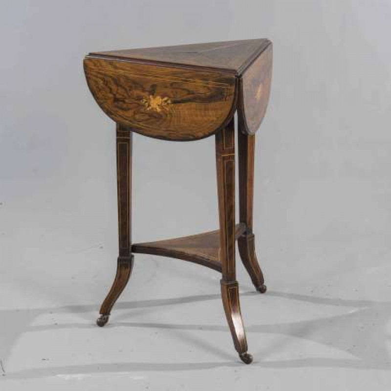 A LATE 19TH CENTURY INLAID ROSEWOOD OCCASIONAL TABLE, the triangular top with a rounded leaf to each side. 68cm