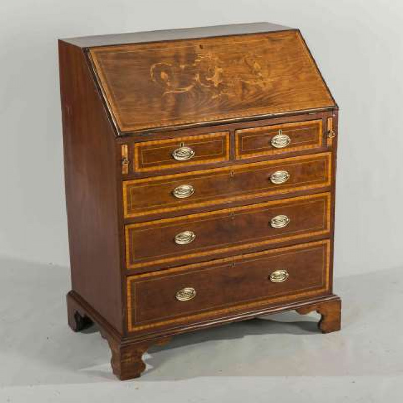 AN EDWARDIAN INLAID MAHOGANY SLANT FRONT BUREAU, inlaid with swags of flowers and a basket of flowers, satinwood crossbanded slope and drawer fronts, raised on bracket feet. 99cm by 76cm by 48cm