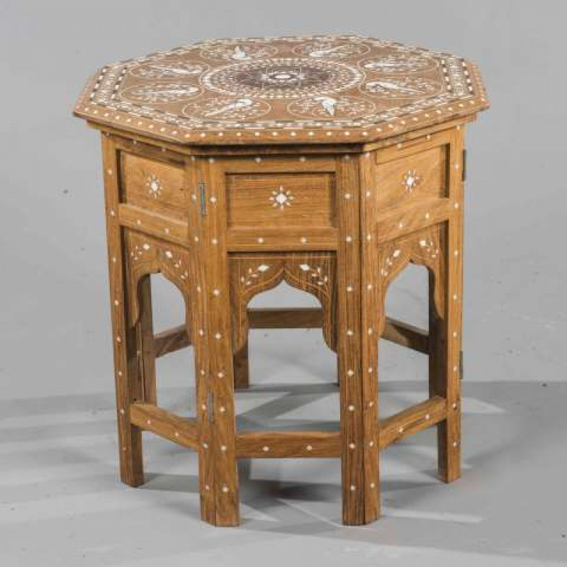 AN INDIAN INLAID HARDWOOD OCTAGONAL OCCASIONAL TABLE, the top decorated with birds. 47cm by 46cm