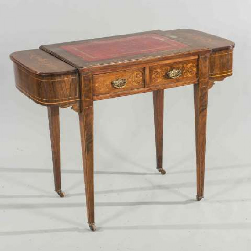 A LATE 19TH CENTURY INLAID ROSEWOOD LADY'S DESK, with gilt tooled leather writing surface flanked by rounded box ends with hinged covers, fitted with a pair of frieze drawers, raised on string inlaid square section tapering legs. 72cm by 95cm by 45cm