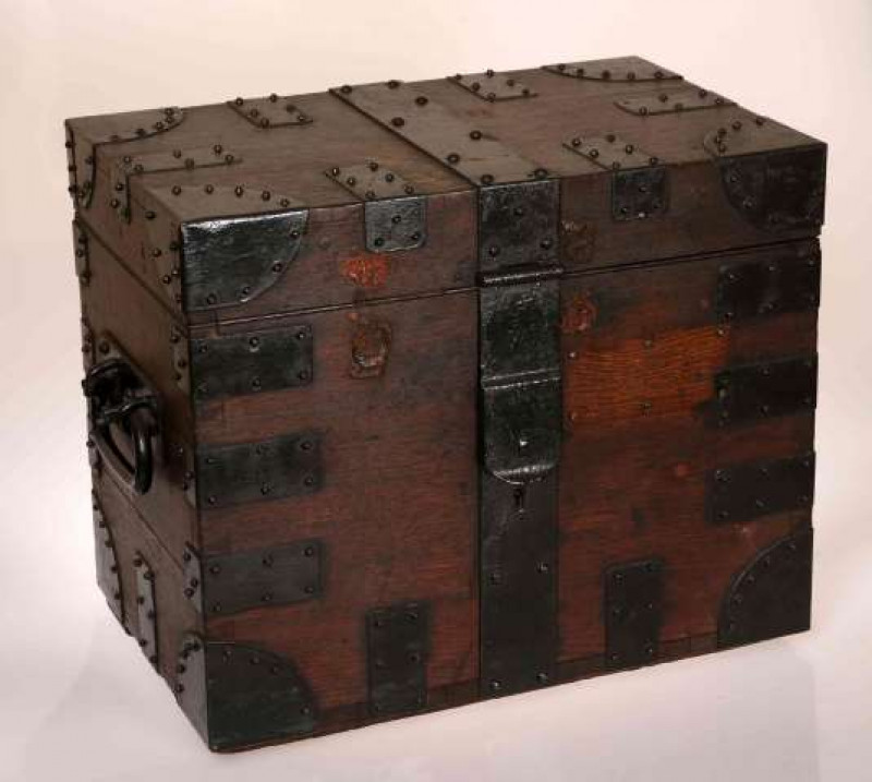 GARRARD & CO LTD, A GOOD IRON BOUND OAK SILVER CHEST, late 19th/ early 20th Century, with remnants of wax seals, ivorine label for Garrard. 43cm by 50cm (excluding handles) by 32cm
