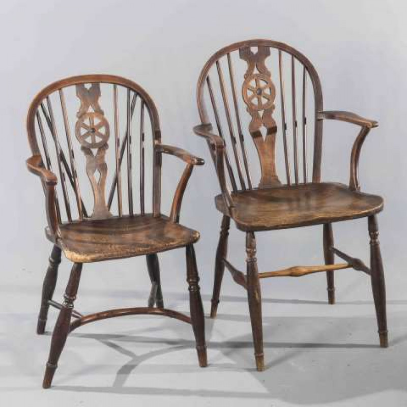 TWO WINDSOR ELM AND OAK WHEELBACK CHAIRS, 19TH CENTURY, one with crinoline stretcher, the other with H stretcher.
