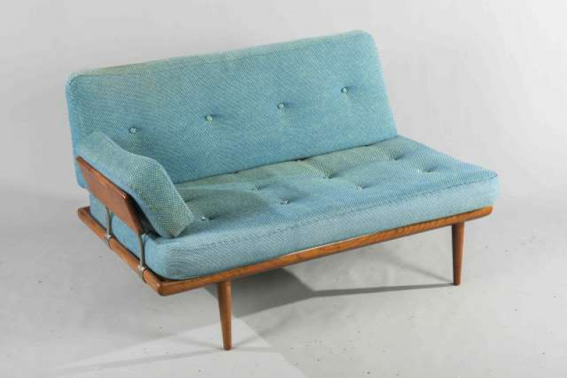 PETER HVIDT FOR FRANCE & SONS, DENMARK, A SUITE OF TEAK FURNITURE LOUNGE FURNITURE, comprising a three-seater sofa, two-seater sofa and a two-tier occasional table, each sofa with one end arm, each piece labelled. Three-seater 195cm