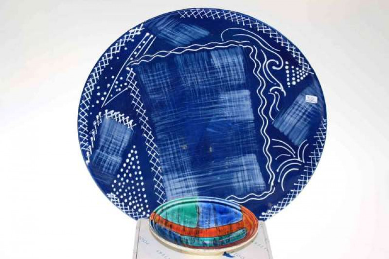 Poole pottery blue and white charger signed Anita Harris 97 and Poole bowl (boxed)
