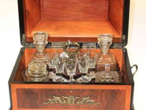 Table top cocktail cabinet with decanters and glass