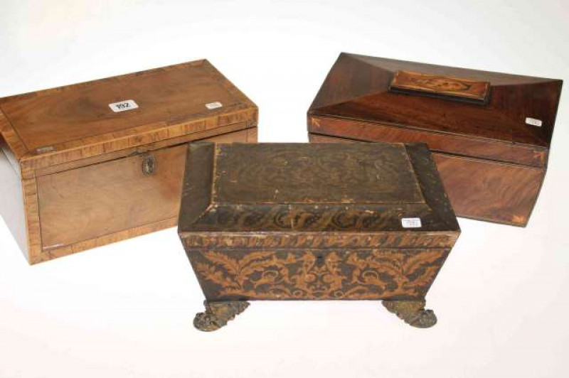 Two Georgian mahogany tea caddies and 19th Century lacquer work box