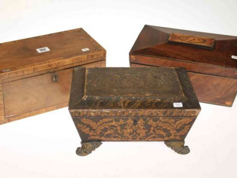 Two Georgian mahogany tea caddies and 19th Century lacquer work box