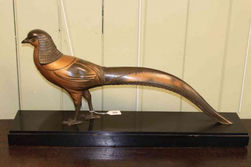 After D.H. Chiparus, a patinated metal and partial bronze model of a pheasant, the marble base signed D.H. Chiparus