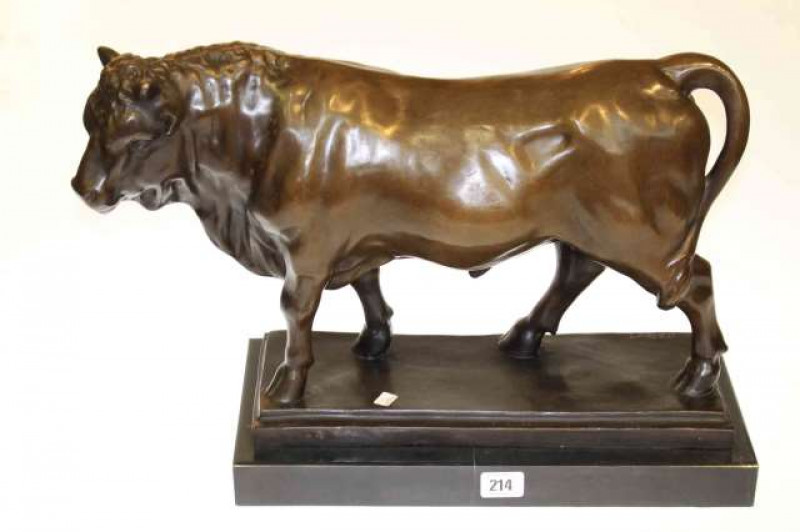 Large modern bronze of a bull on marble plinth