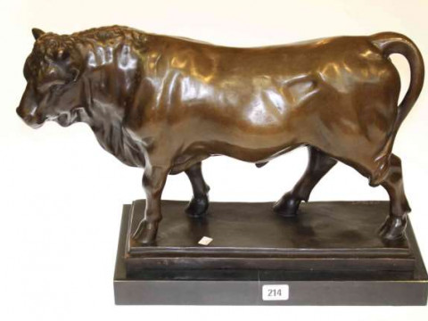 Large modern bronze of a bull on marble plinth