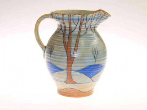 Burleigh Ware jug painted with trees and rolling hills, signed Bennett