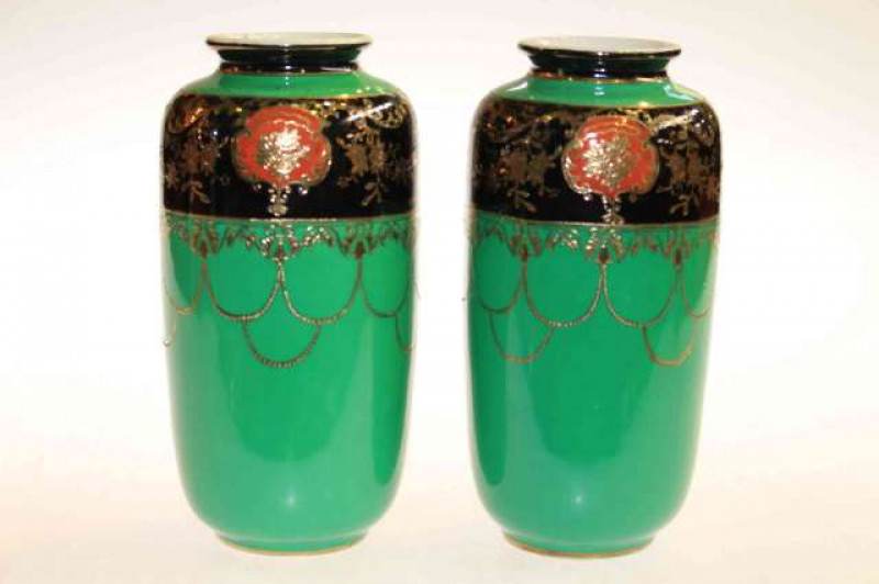 Pair Noritake vases, having black band with gilt flowers, green ground
