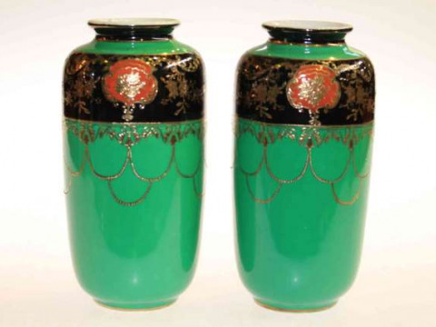 Pair Noritake vases, having black band with gilt flowers, green ground