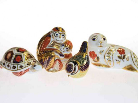 Collection of four Royal Crown Derby paperweights, tortoise, seal, monkey...