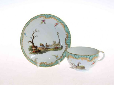 Meissen hand painted hunting scene cabinet cup and saucer