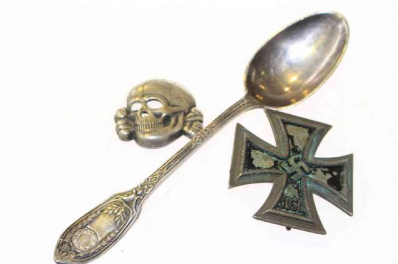 WWII Nazi medal, SS spoon and SS cup badge