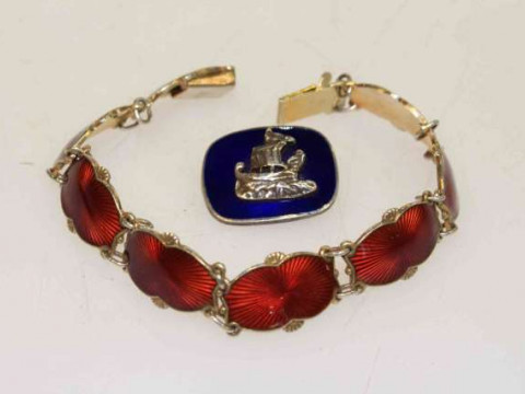 Norwegian silver and enamel bracelet and brooch