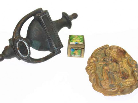 Enamelled stamp case, plaque and door knocker