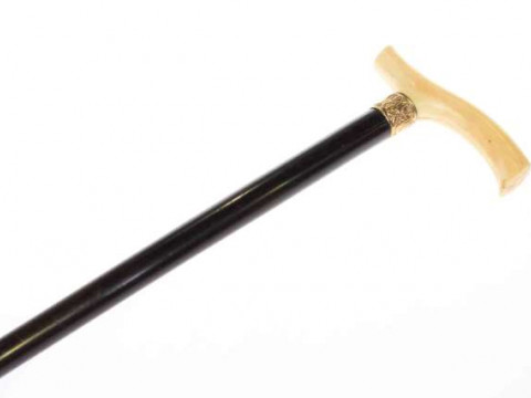 Victorian ivory handled and ebony walking cane with gold plated collar